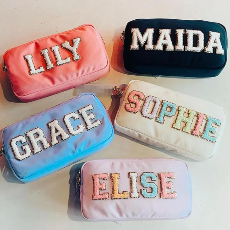 

RTS Stock INS Nylon Personalized Glitter Patch Square Custom Women Girls Gifts Travel Toiletry Storage Makeup Cosmetic case Bag