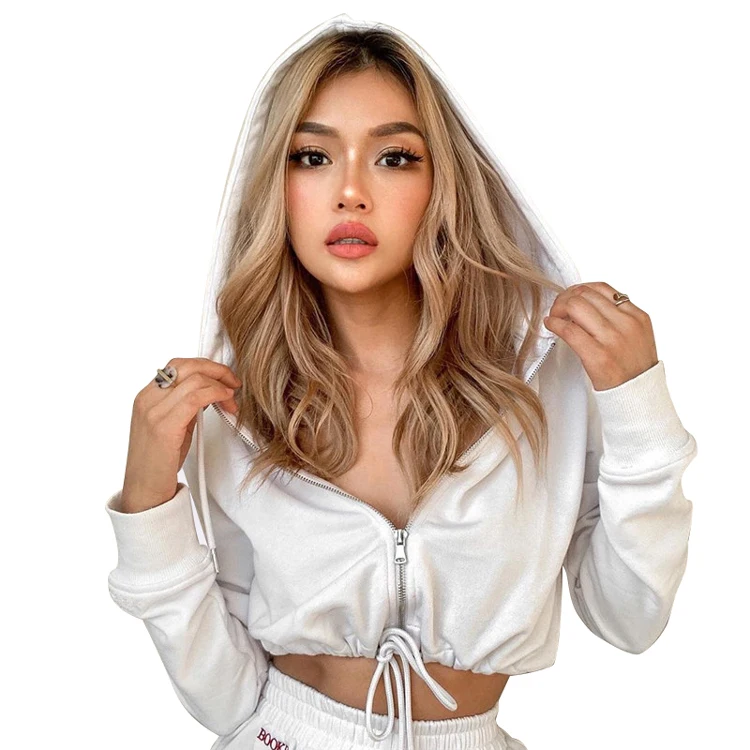 

2020 Autumn Drawstring Casual Slim Crop Top Plain Hoodie Cotton Thin Zipper Custom Cropped Women's Hoodies Sweatshirts