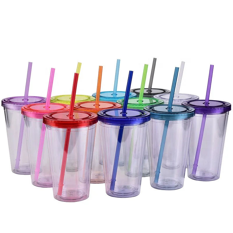 

16oz Plastic Tumbler Cups Double Wall with Lid and Straw Mug Insulated Reusable Tumbler Clear Acrylic Skinny Tumbler, Customized color