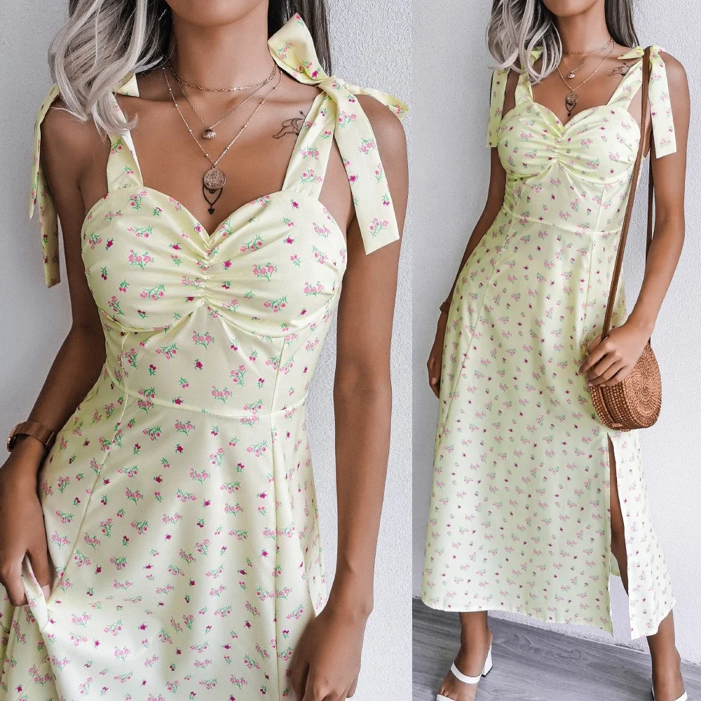 

Summer new casual sexy straps swing collar sleeveless floral open high waist dress
