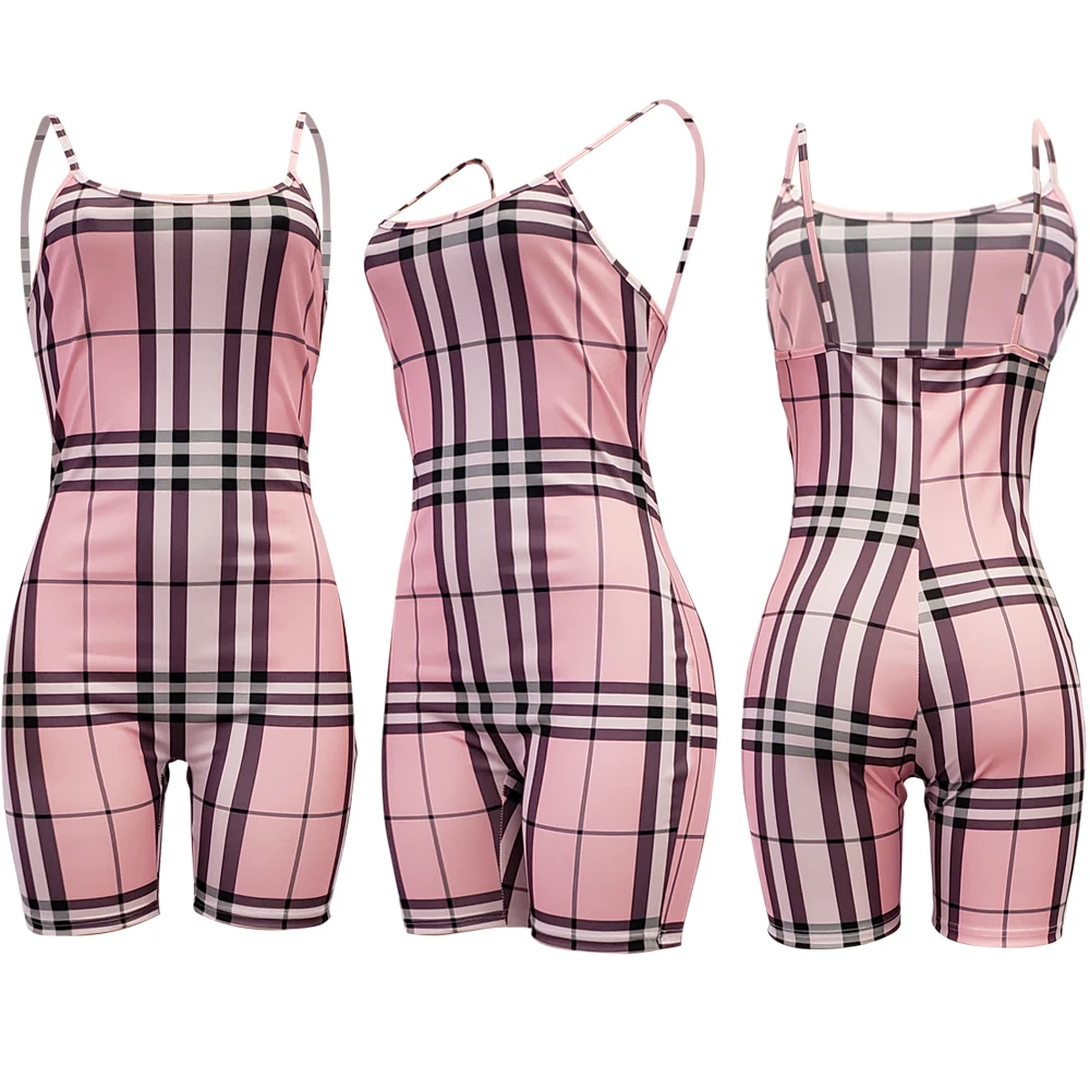 ILS024 2019 New summer women plaid casual suspenders one piece jumpsuit