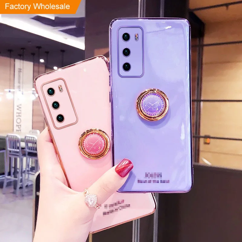 

Luxury Plating Ring Holder Phone Case For Huawei P40 P30 P20 soft phone case For Samsung Galaxy A72 A32 Stand Silicon phone case