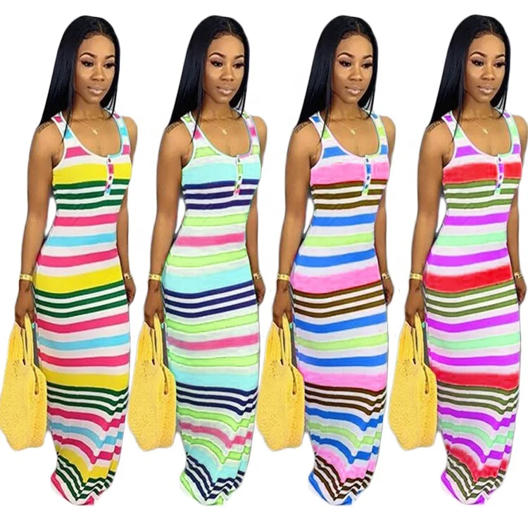

FM-D5005 Women casual dresses sleeveless floor length maxi dress 2020Colorful striped one-step long dresses, As pictures
