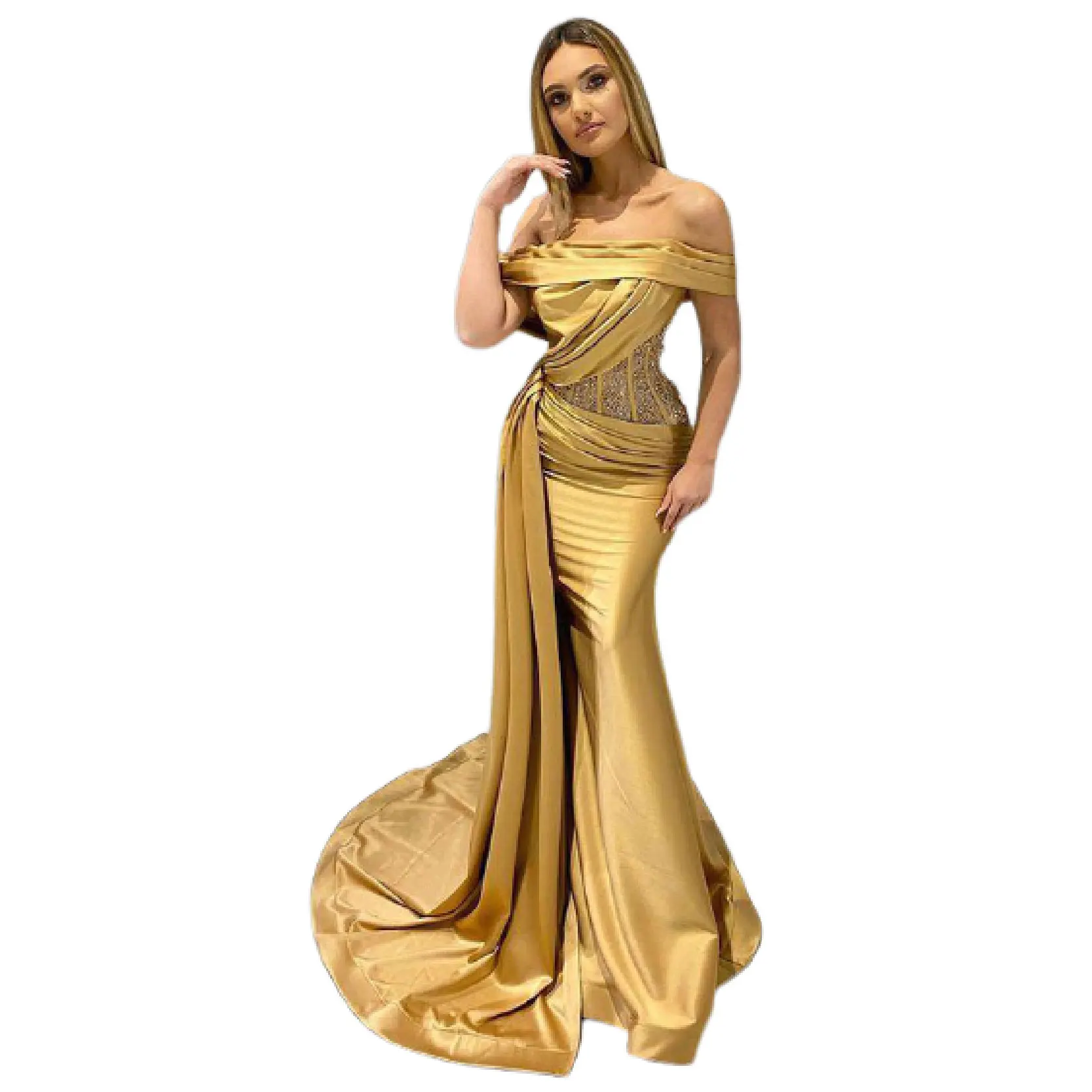 

2021 Autumn New Gold Formal Party Satin Evening Gowns Sequins Irregular Full Length Celebrity Dresses Wedding Cocktail Prom Robe, Picture color