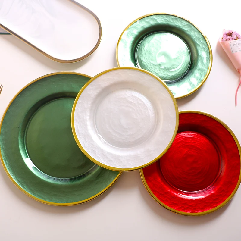 

Retro Design machine made glass in stock small quantity standard wedding party suppliyer Green Round glass Charger Plate, Customized color