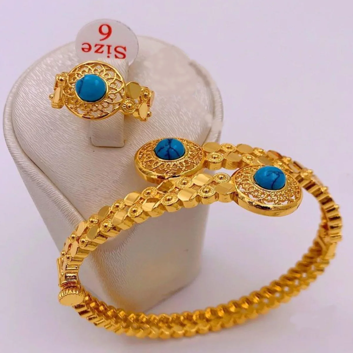 

In Stock Ayong Jewelry Turquoise Jewelry Sets Gold Plated 18k Bracelet and Ring Set for Women