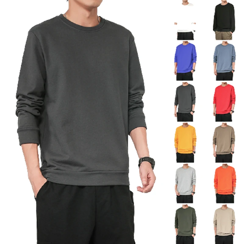 

Cotton Hooded Terry solid color Pullover Sweater men's work clothes thin round neck long sleeve advertising shirt, Customized color