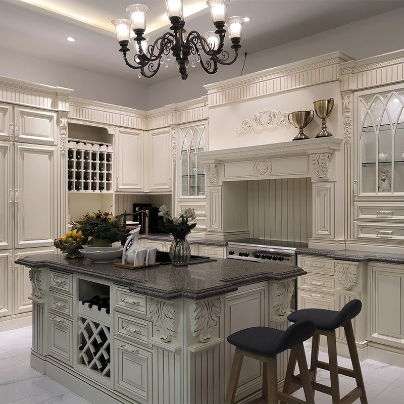 High glossy luxury modern with island design kitchen solid wood cabinet