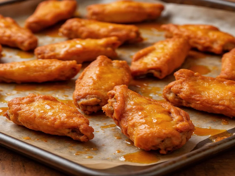 Crispy golden brown buffalo wings on baking sheet