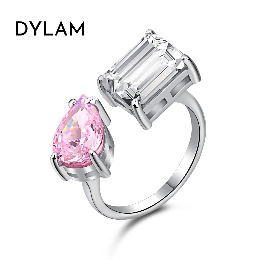

Dylam Wholesale Adjustable Engagement Double Diamond Pink Rectangle Open Ring 8A Zircon Sterling S925 Silver Non Tarnish Rings