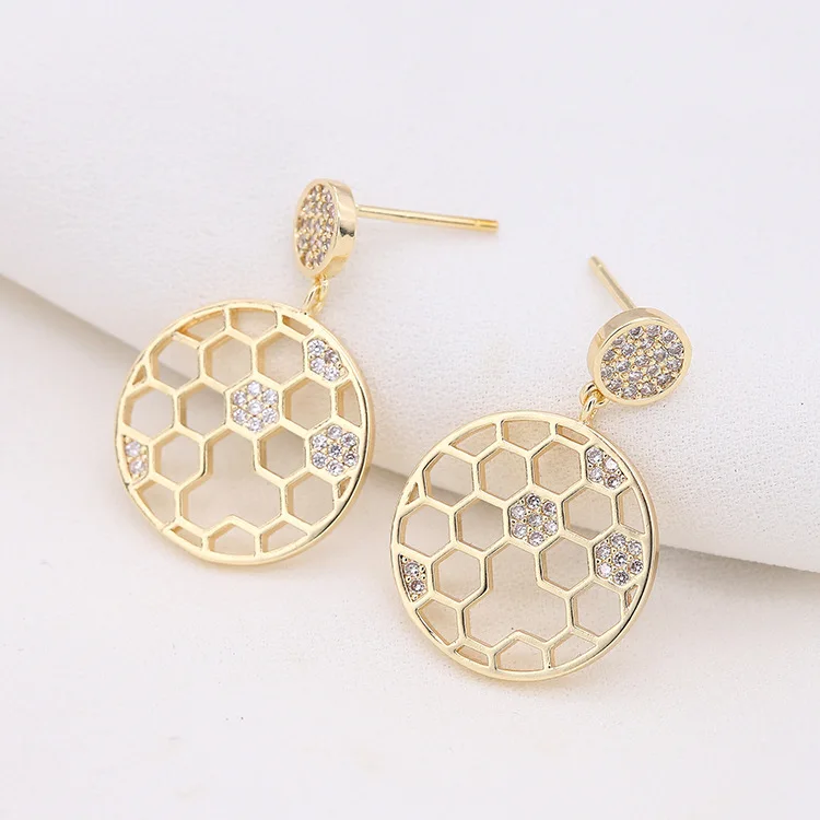 

EC1432 High Quality 14k Gold Plated CZ Micro Pave Honeycomb Disc Dangle Earrings