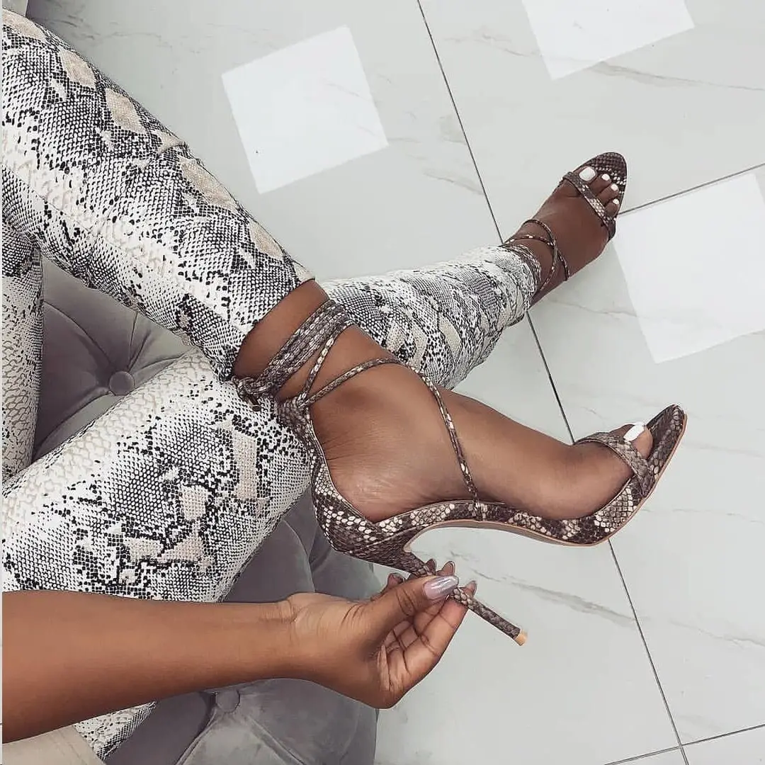 

2021 arrivals women sexy shoes high Heels solid color Peep-toe pumps sandals snakeskin Thin Heel Lace up heels