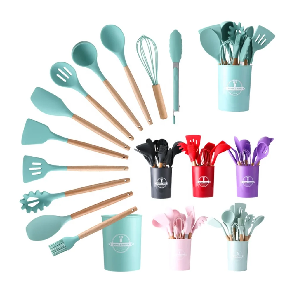 

Kitchen Accessories 12 Piece Non Stick Spoon Spatula Shovel Kitchenware Tools Silicone Cooking Utensils Set With Wooden Handles, Pantone color