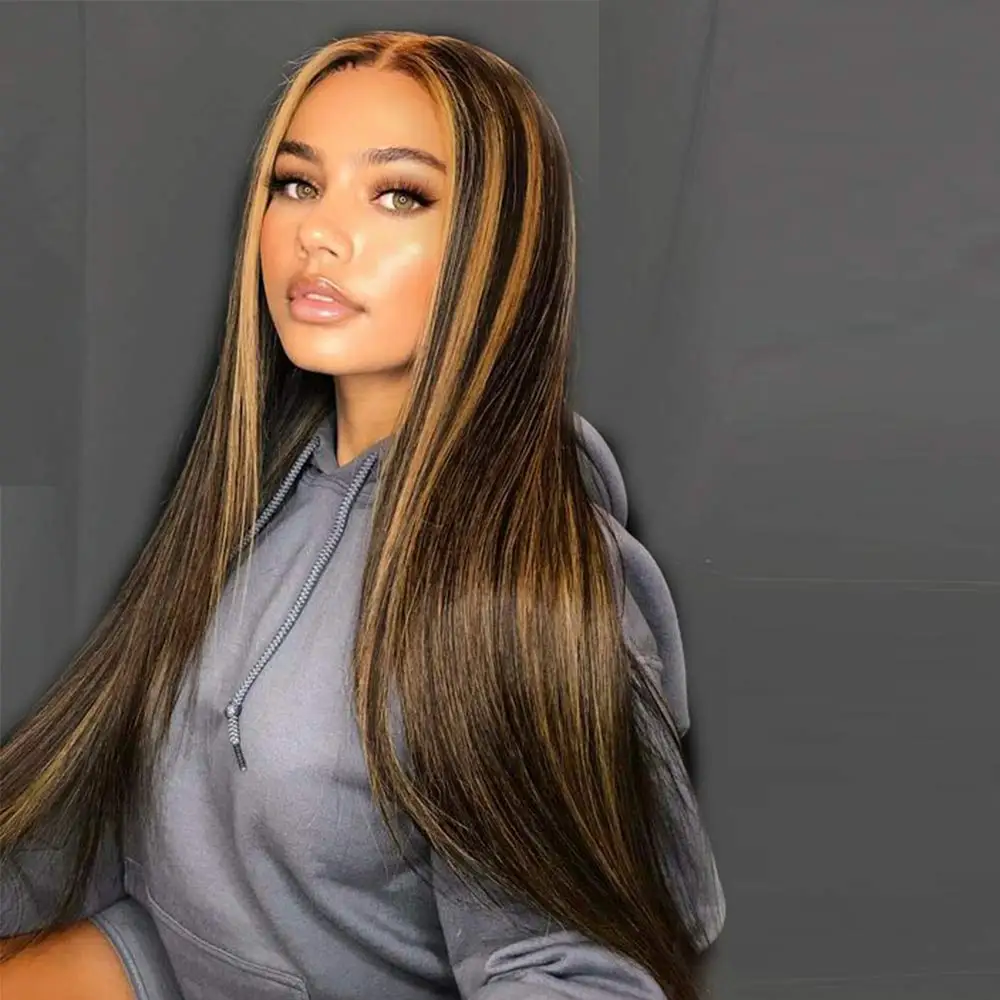 

Long Brown Straight Synthetic Hair Wigs with Highlights 28 Inch Women Middle Part Blonde Lace Frontal Wigs