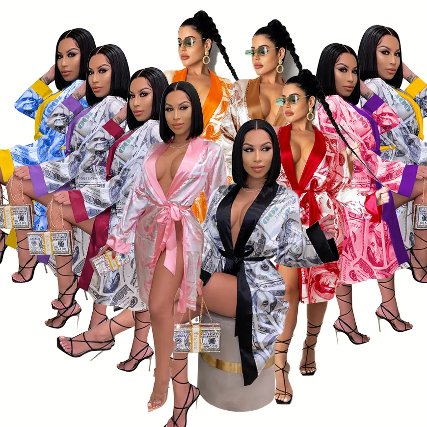 

Hot Sales Bulk Sexy Femmes Fashion Dollar Print Bathrobe Nightgown Bath Robe Silk Satin Money Robe Women Home Pajamas, As picture or customized make