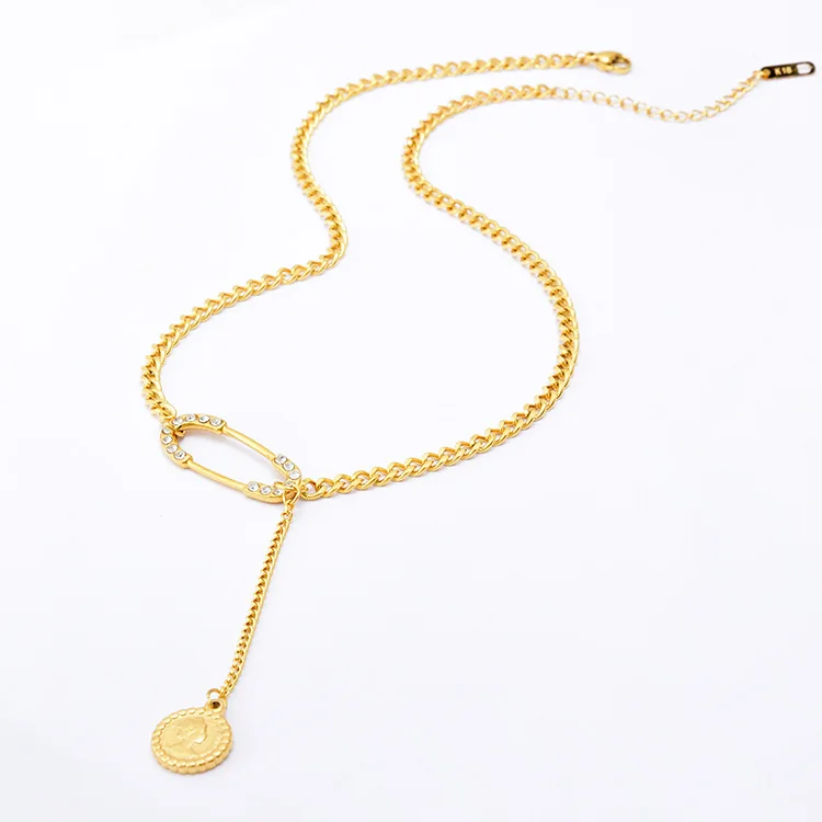 

Newest Fashion Hollow Gold Plating Zircon Pin Necklace Stainless Steel Round Coin Queen Tassel Necklace