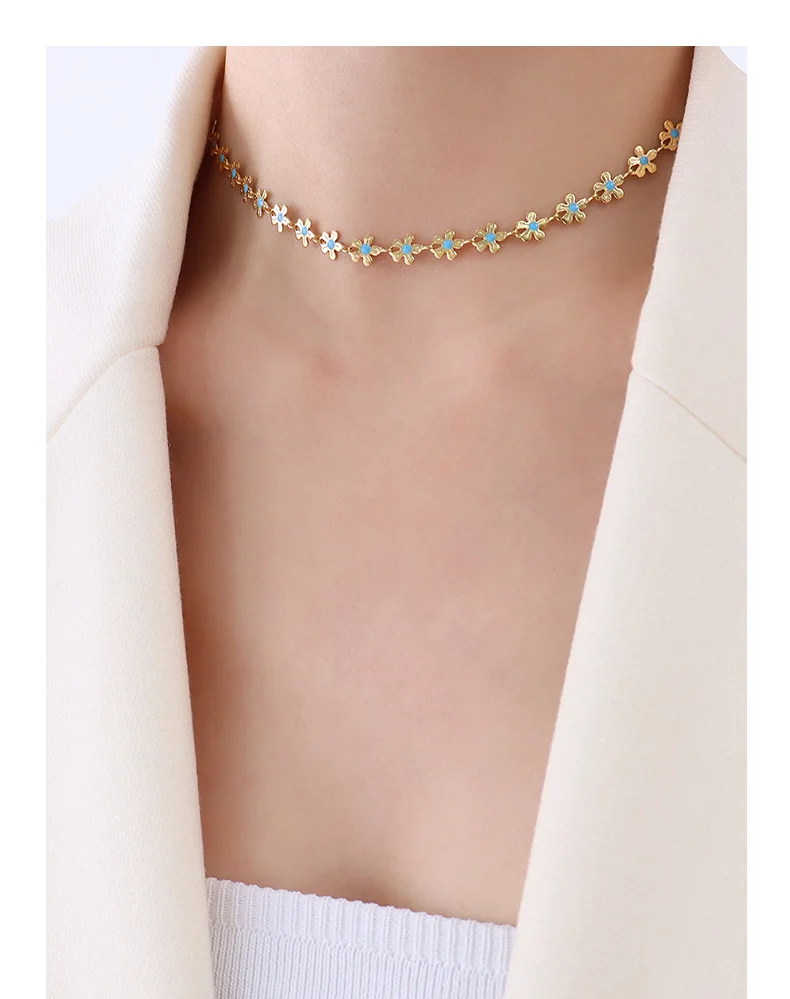 

Hot Sale Fashion Blue Enamel Necklaces 18k Gold Plated Stainless Steel Daisy Flower Short Necklaces Dainty Bracelets For Women