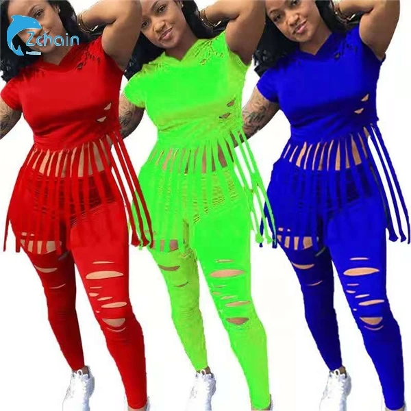 

OEM Lady 2 PCS Outfit Tracksuit Tassels Hoodies Cutout Pants Sexy Casual Plus Size Women Two Piece Set