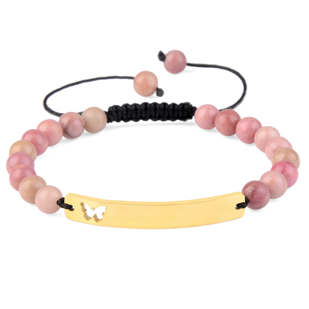 

Stainless Steel Butterfly Charm Bar Rhodochrosite Stone Beads Identity ID Bracelet