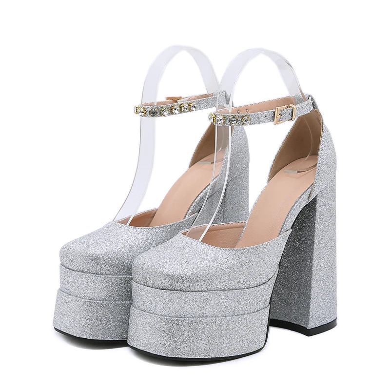 

New Style Shiny Wedding Party Platform Women Pumps Sandals Summer Fashion Buckle Strap Thick Heels Ladies Shoes US $31.62 - 34.9