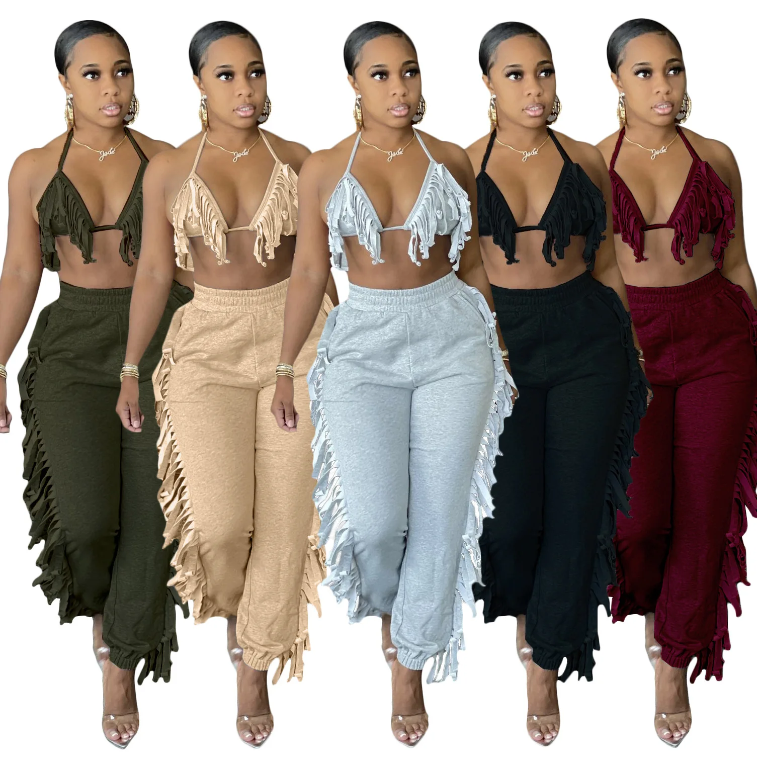 

2021 sexy hollow out bikini high waist fringe pants women two piece sets, 5 colors