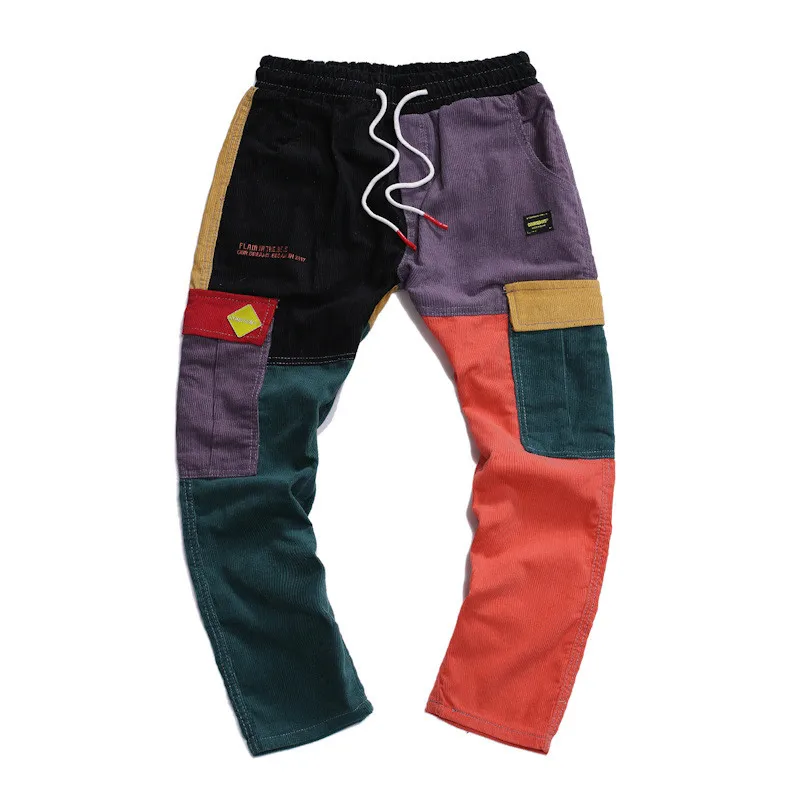 

Drawstring design patchwork corduroy trousers Colorful fashion summer long pants