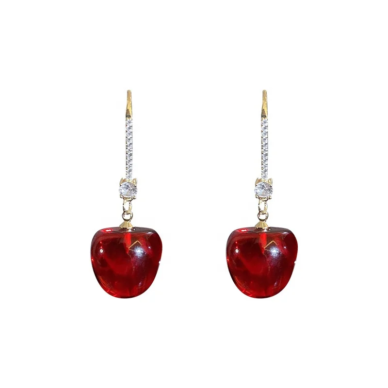 

New Fashion Red Cherry Drop Earring Sweet Fruit Long Crystal Earrings for Women Lady Gift Jewelry Dangle Accessories, Picture shows