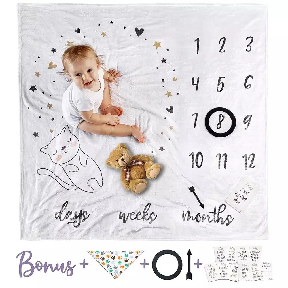 

Hot sell 300gsm customized sublimation flannel organic baby monthly milestone blankets and accessoriesfor new born baby