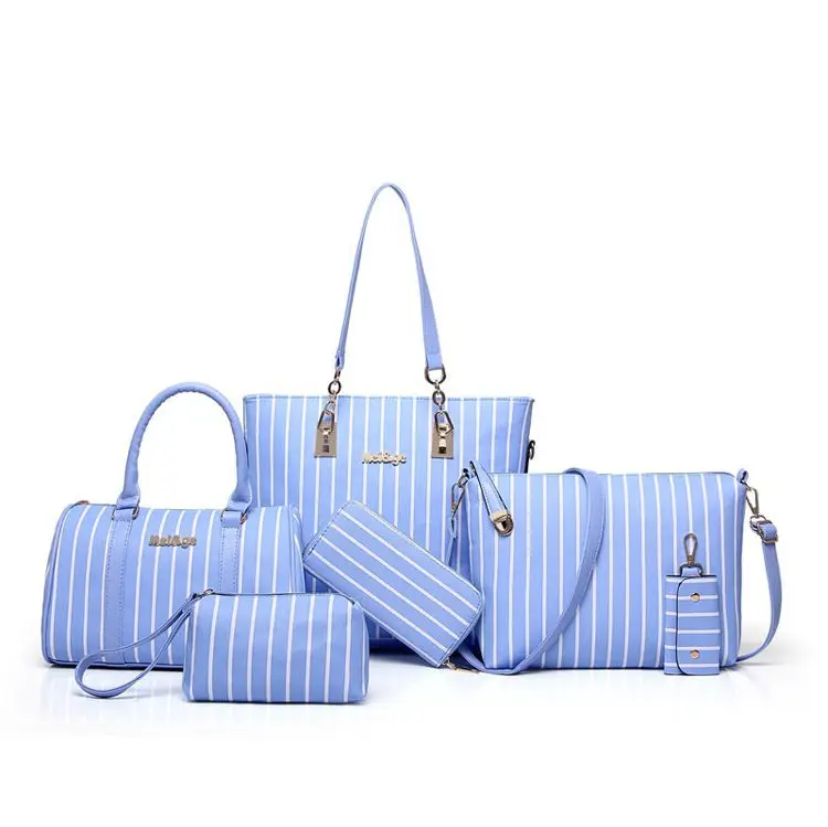 

6 pcs Fashion Striped Handbags and Purses lady PU Satchel Shoulder Tote Bags Wallets Top Handle Satchel Purse Set