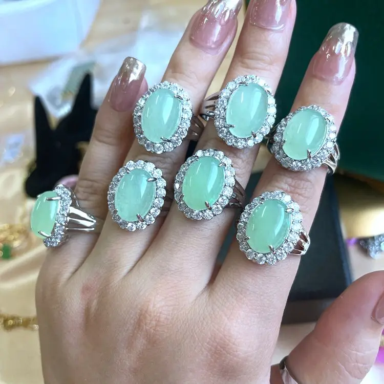 

Jialin 2021 hot selling crystal rings natural baby green stone around diamond for women girls real jade rings