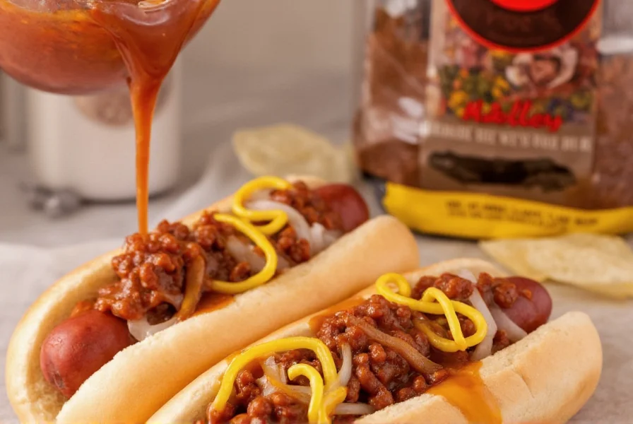 Close-up photograph of Nalley Chili poured over hot dogs on a bun with mustard and onions
