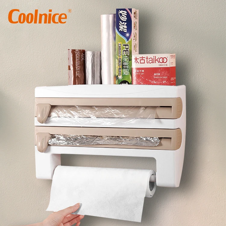 

Multi-function Kitchen Shelf Spice Storage Rack Plastic Wrap Cutting Cling Film Cutter Paper Towel Holder, White