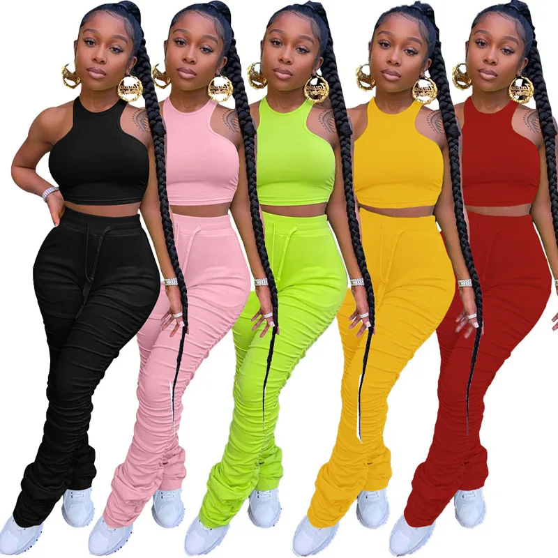 

Women 2 peice Outfits pant set Solid color tight waistcoat pleated two piece pants set womens gym fitness sets, Picture shows