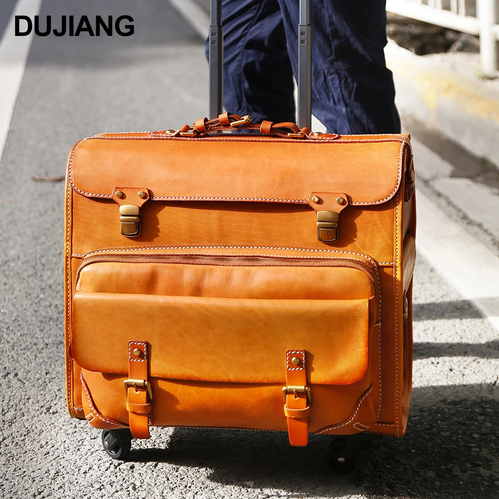 

Luxury Travel Suitcase Trolley Bag Luggage 4 Wheels Carry On Vintage Cowhide Leather Overnight Rolling Luggage Bags, Yellow brown,red wine
