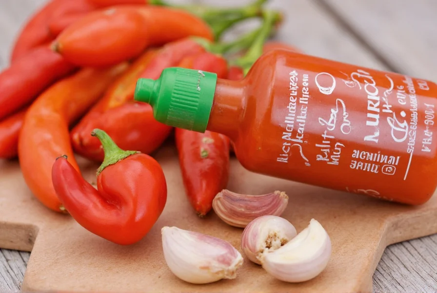 Close-up of sriracha chili sauce bottle with fresh chili peppers and garlic cloves beside it for nutritional context
