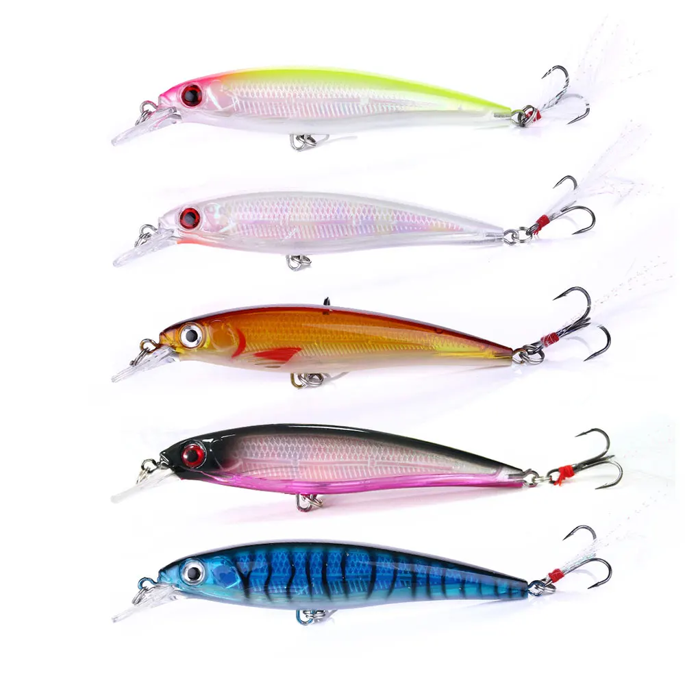 

High quality feather hook pesca 11cm 14g minnow baits hard plastic fishing lures, 5 colors as pictures