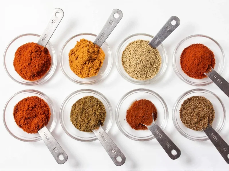 Essential meatloaf spices in glass bowls with measuring spoons