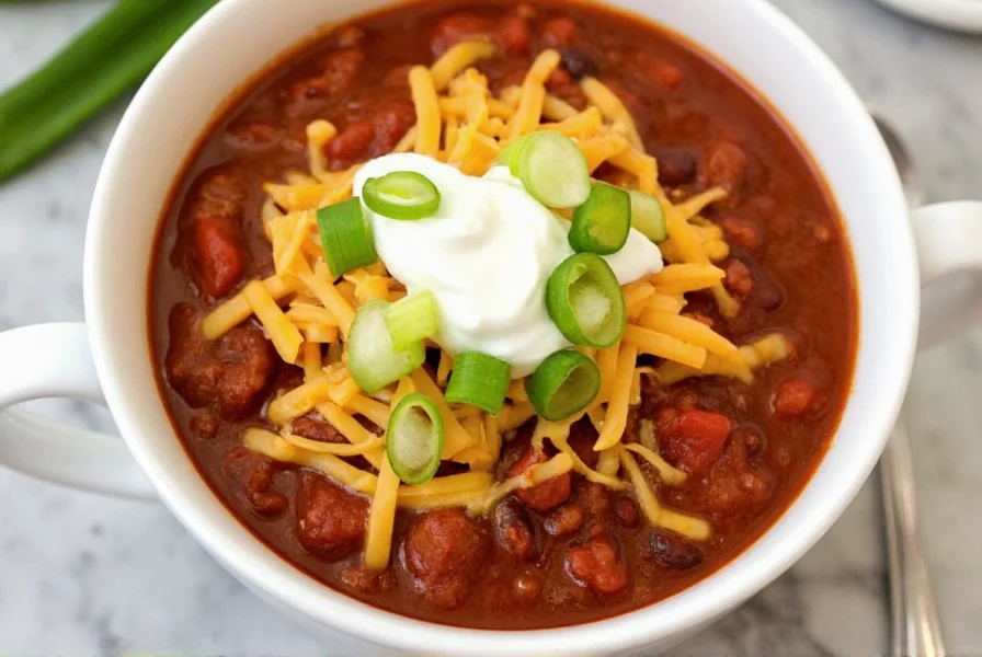 Finished bowl of easy chili recipe with melted cheese, sour cream, and green onions as toppings
