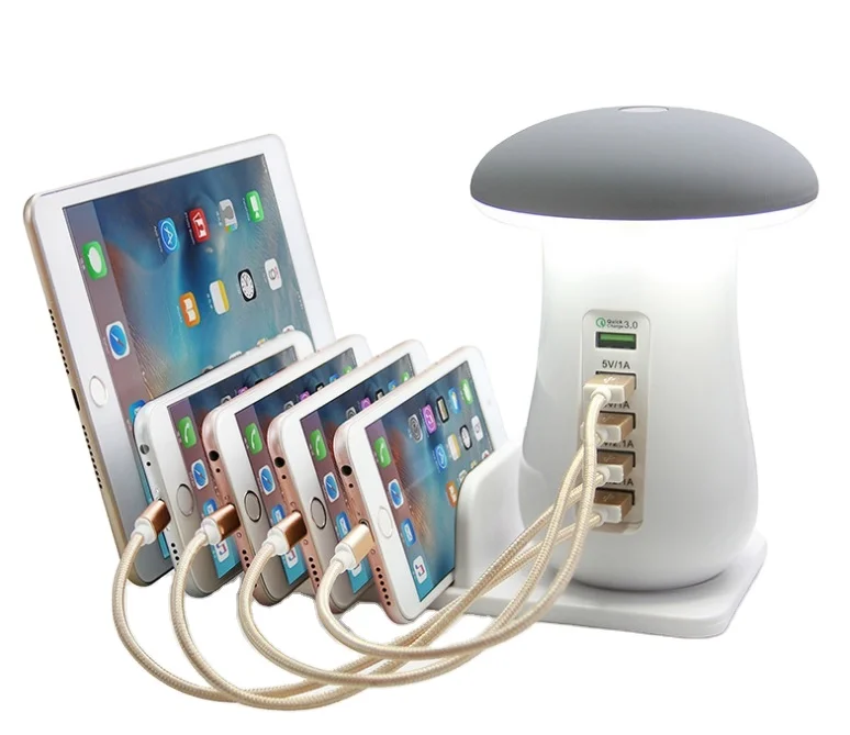 

5 Ports Charging Station Organizer Mushroom LED Desk Lamp Portable Charging Station, White