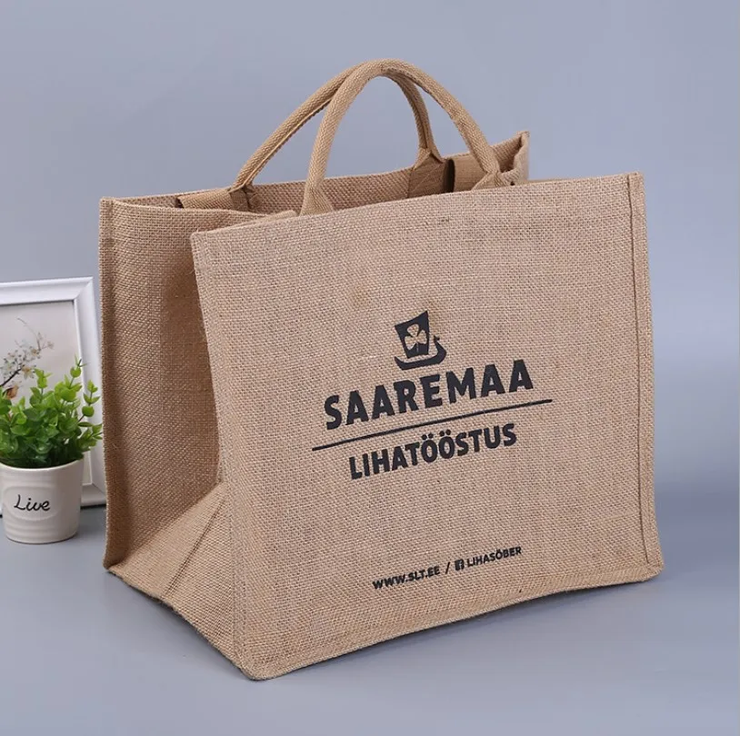 

eco friendly laminated jute bag burlap reusable linen beach bag hessian shopping tote bags with custom logo, Cmyk