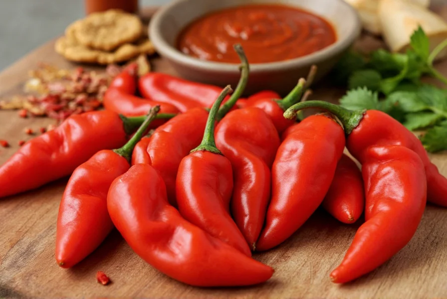 Close-up of fresh Trinidad Moruga Scorpion peppers on a wooden cutting board with traditional sauce ingredients