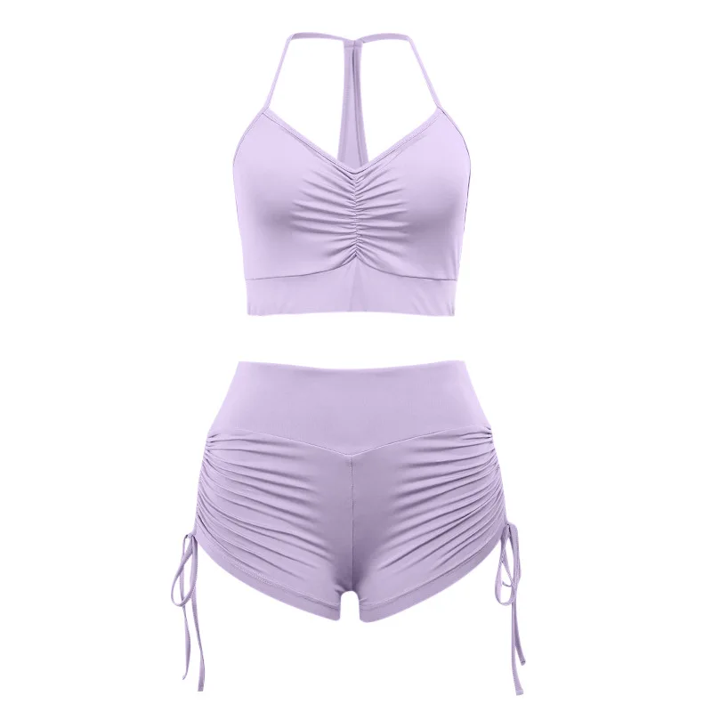 

Plain Spaghetti Yoga Set Crop Top Seamless Yoga High Waist Shorts Gym Yoga Set, As shown