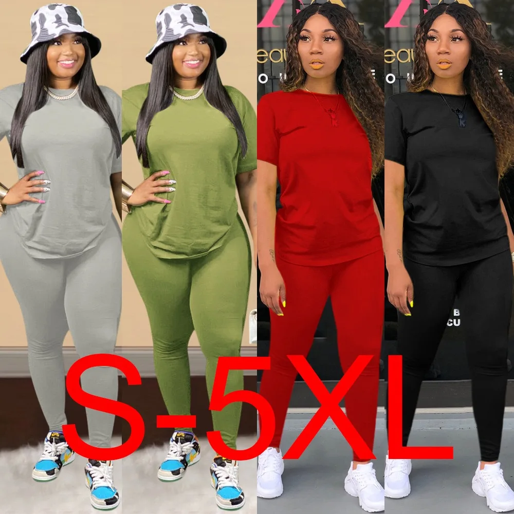 

amazon 5XL plus size t-shirts with leggings fashion 2 piece set women clothing solid color outfit running wear, 4 color as picture