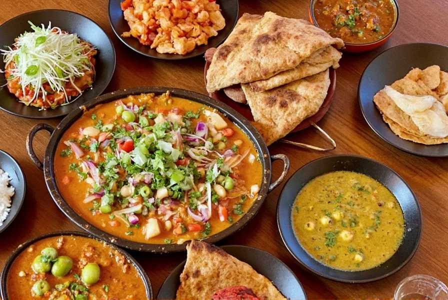 Variety of traditional Indian dishes including biryani, dosa, butter chicken, and various chutneys arranged on banana leaf