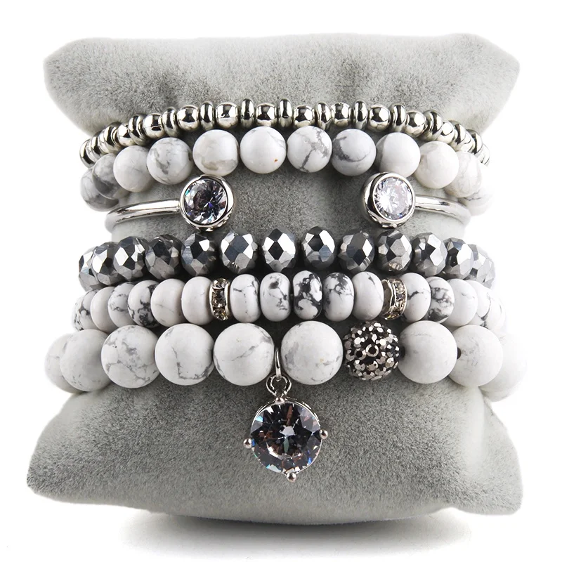 

New Fashion Bohemia Jewelry 6pc Natural Stone Crystal Glass Bracelet Druzy Charm Stack Bracelets Bangle Set