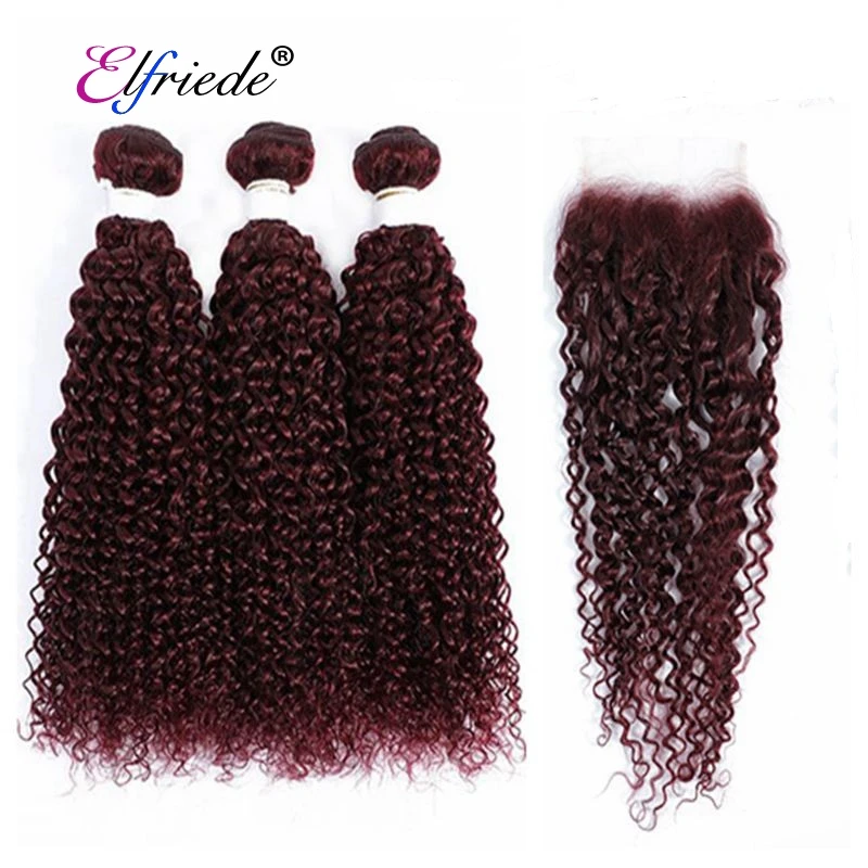 

#99J Dark Wine Kinky Curly Top Grade Hair Weaves with Closure Remy Human Hair 3 Bundles with Lace Closure 4"x4" JCXT-64