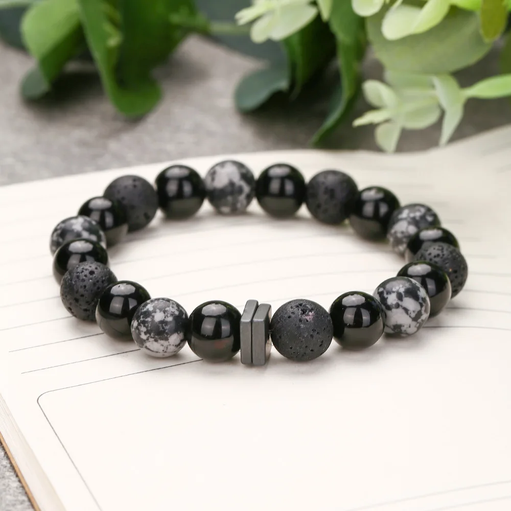 

Snowflake Volcanic Stone Black Gallstone Bracelet Boys Buddha Bead Ethnic Style Bead Lava Stone Bracelet