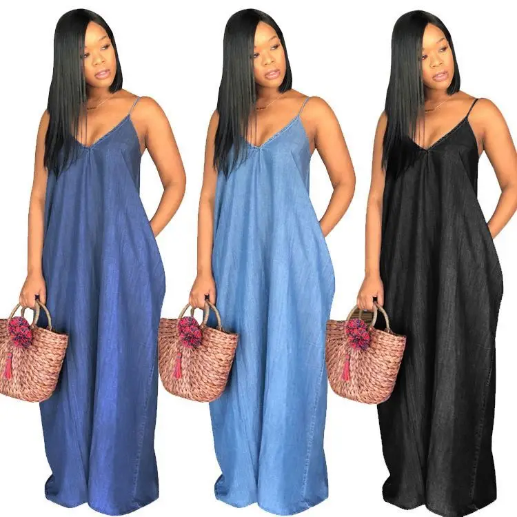 

2020 OEM Fashion Casual Sleeveless Slip Dress Loose Solid Color Plain Jean Denim Dress, Customized