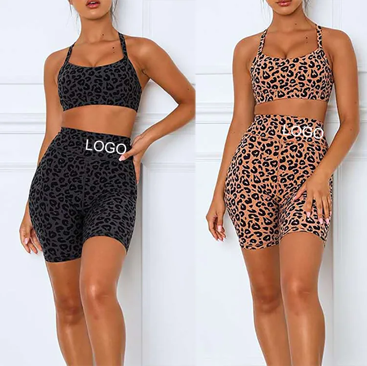 

Animal print Custom Logo Sexy shorts fitness set high waist yoga wear gym fitness sets women leopard yoga shorts set