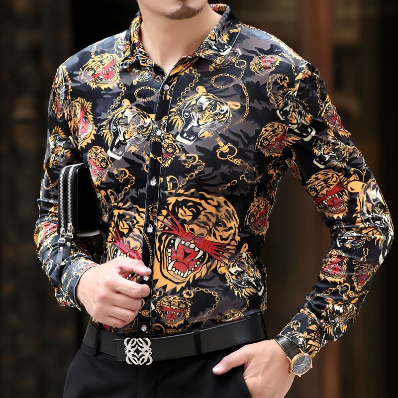 

New spring clothes for men pleuche printing long sleeve Size  Slim shirts, Five kinds of color